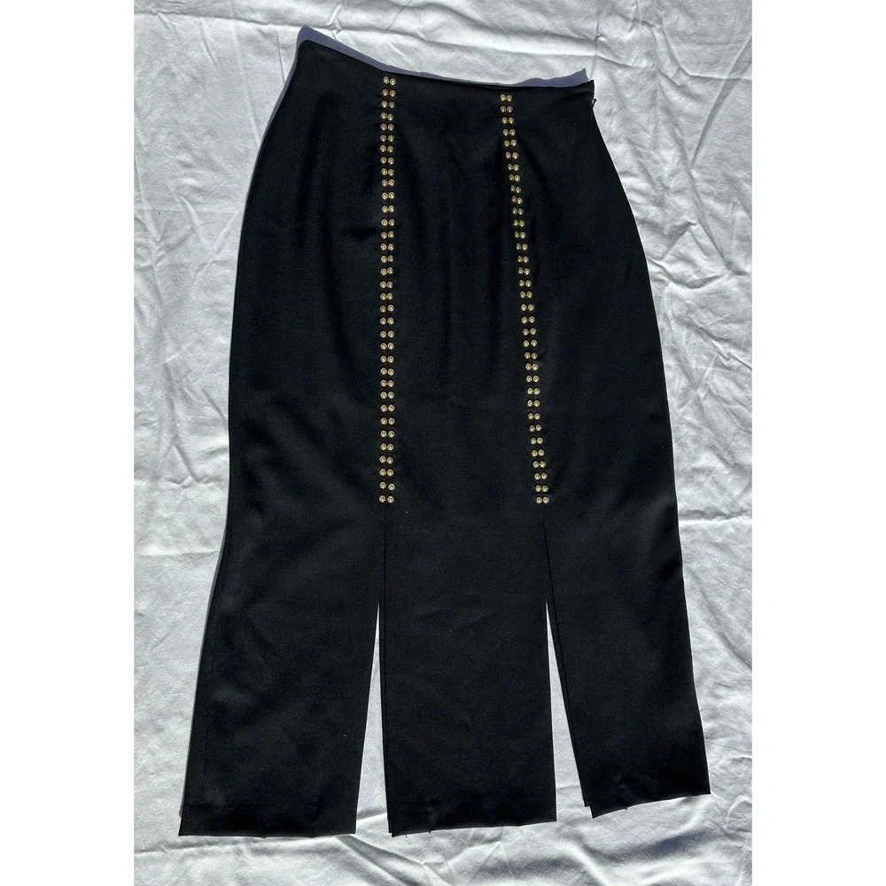 Erez Collections Midi Bedazzled Skirt 100% Wool Gold Studs Slits Black Women's S